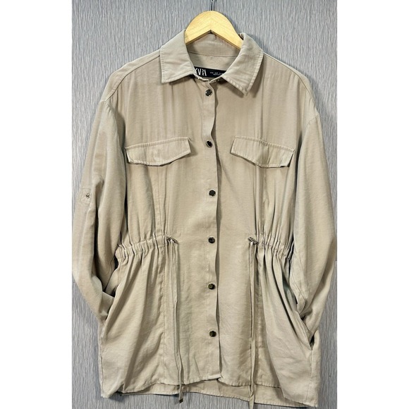 ZARA Women Sand Beige Taupe Adjustable Waist/Sleeves Jacket Loose Size Small - Picture 2 of 8